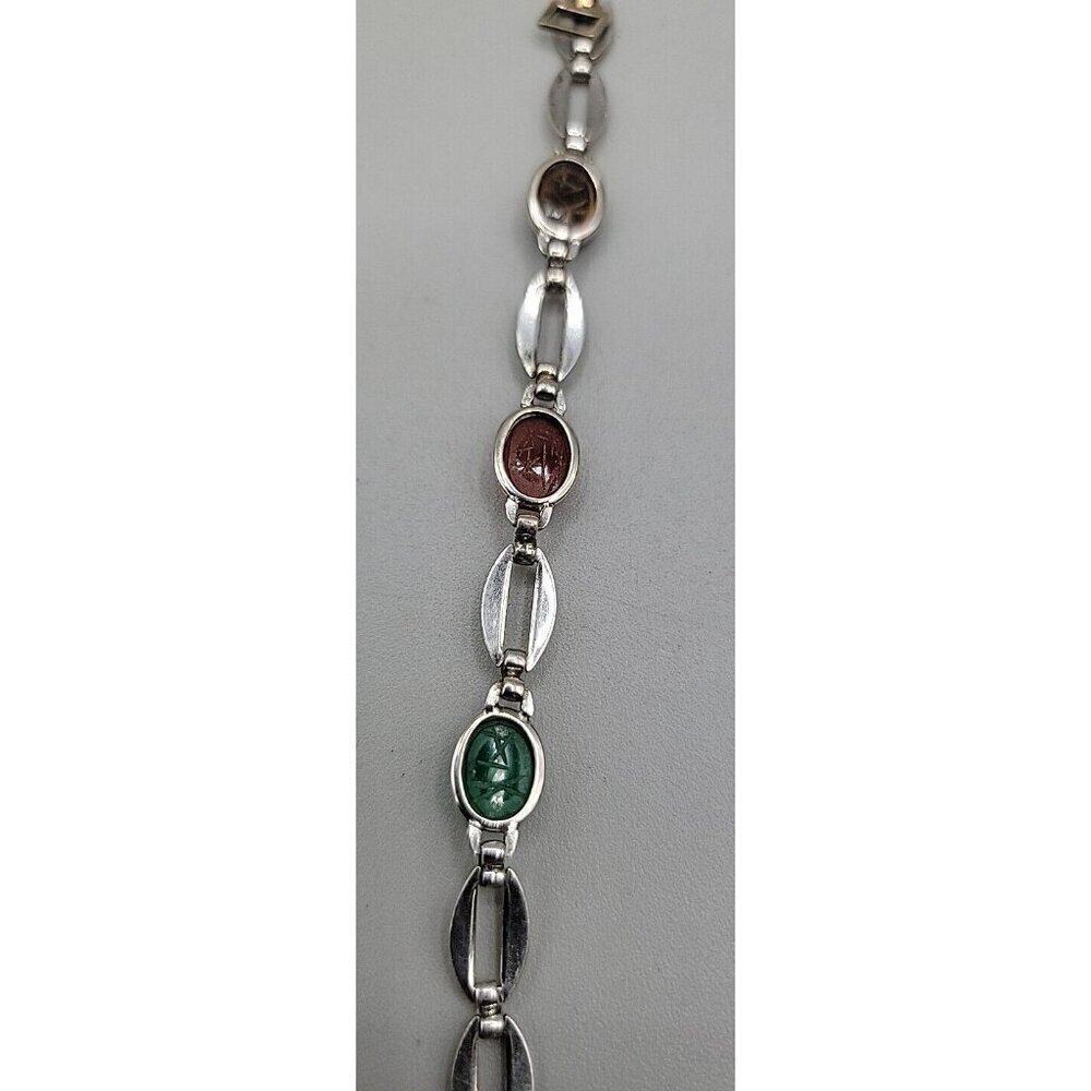 14k W. E. Richards Co. Symmetalic Sterling & Scarab Bracelet 6" Gemstones 1940s - Picture 14 of 15